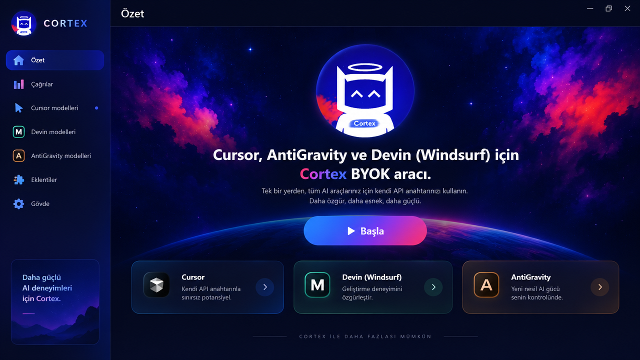 Cortex uygulamasının Özet ekranı: kenar çubuğunda Çağrılar, Cursor, Devin ve AntiGravity modelleri, ortada Başla düğmesi